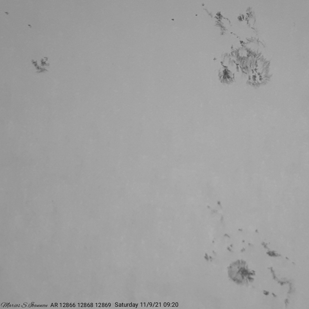 Sunspots 11 9 21 mosaic AR 12866 12868 12869.jpg