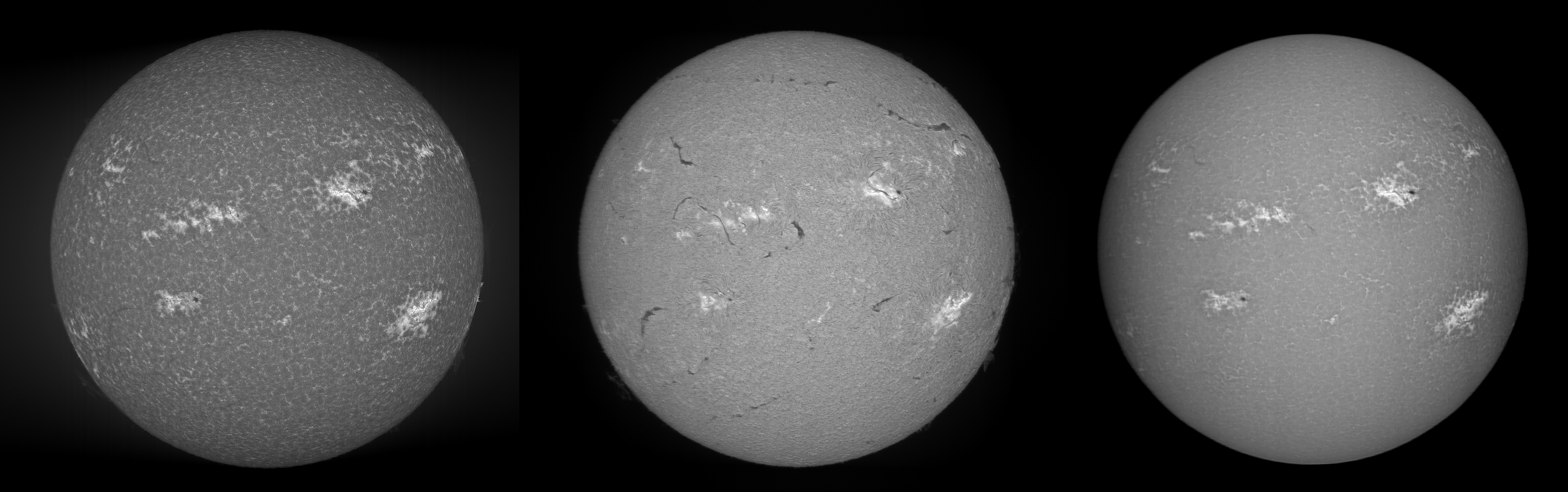 Ca-H (left), H-alpha (centre) and Ca-IR [854.2nm] (right). All taken at 480mm focal length, 80mm aperture. H-alpha taken with 2400 l/mm grating, other two with 1800 l/mm.