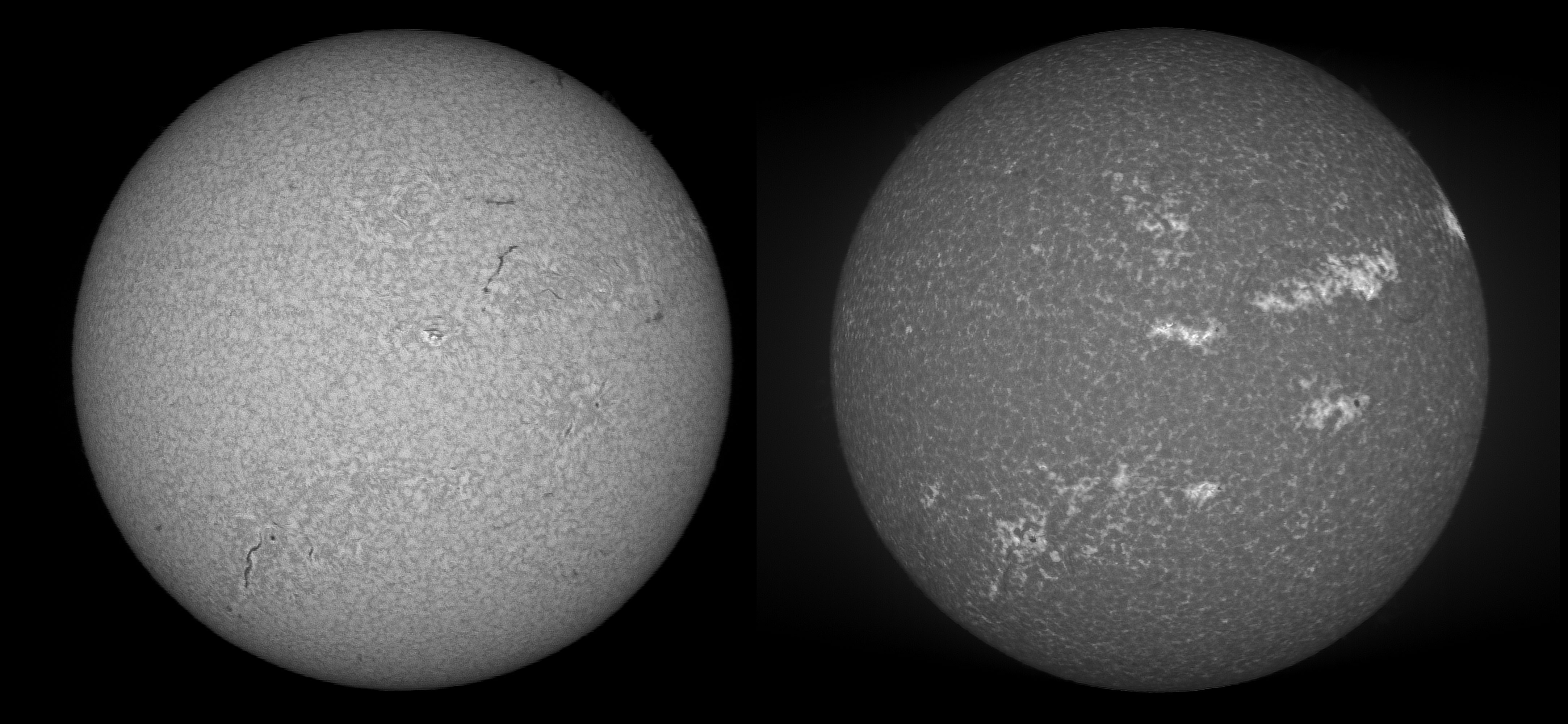 H-beta and Ca-H SHG images. 80mm aperture, 480mm focal length. 1800 l/mm grating (in 1st order for Ca-H and 2nd order for H-beta). H-beta stack of 8, Ca-H stack of 15. July 23.