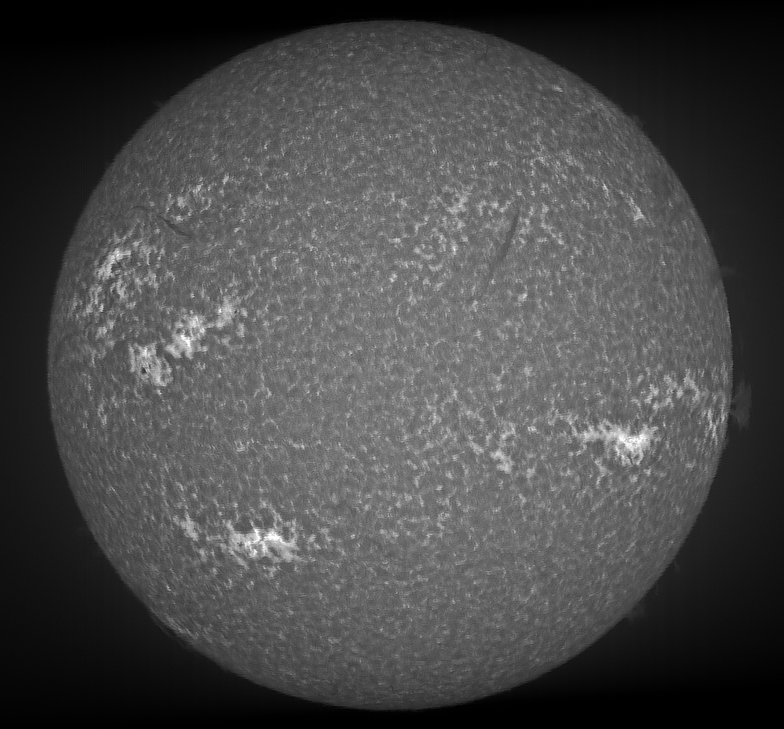 Ca-H SHG. 90mm aperture, 910mm focal length. 2400 l/mm grating. 9 micron x 12mm chrome on fused quartz slit. L1 UV/IR filter as ERF. ZWO 183MM camera, 2x2 binning. 8ms exposure, gain 111 (24%). 121 fps, scan 8X sidereal rate. FC2.7, AS!3, ImPPG, PS Elements.