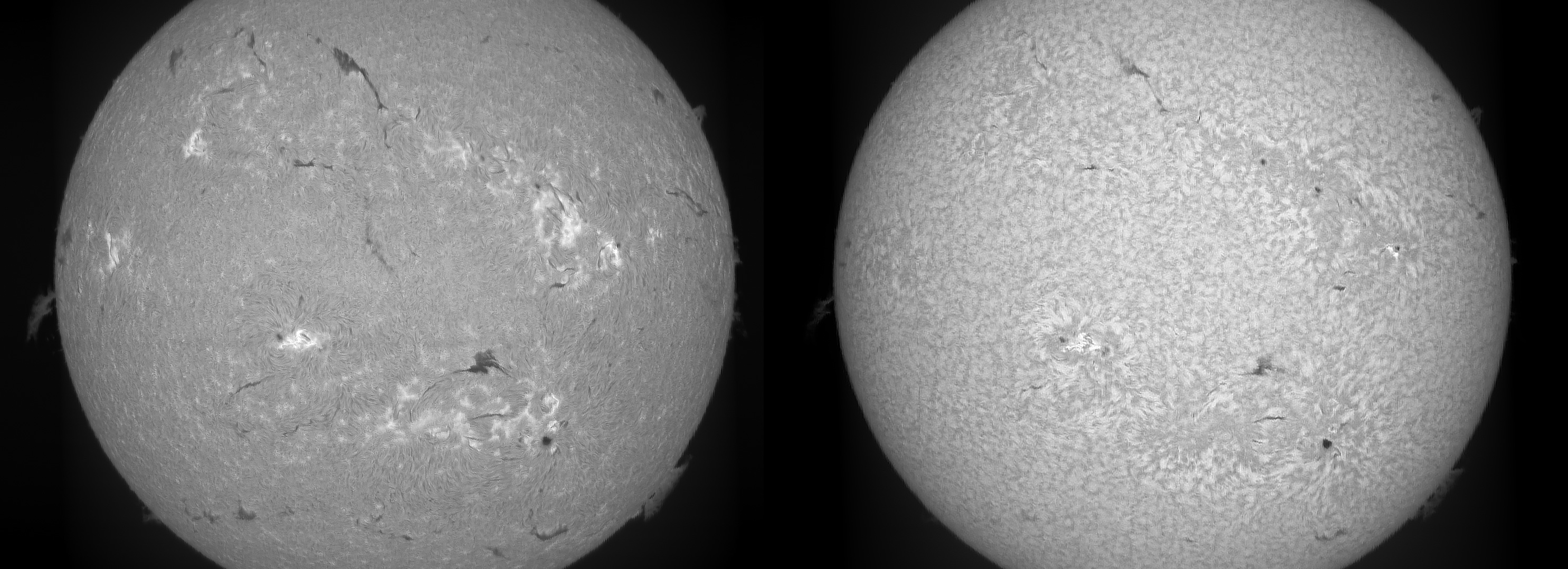 H-alpha (left) and H-beta (right) SHG images. ZWO 178MM camera.<br />H-alpha: 3ms exposure, gain 9%, 324fps, stack of 10. H-beta: 1ms exposure, gain 8%, 400fps, stack of 7.
