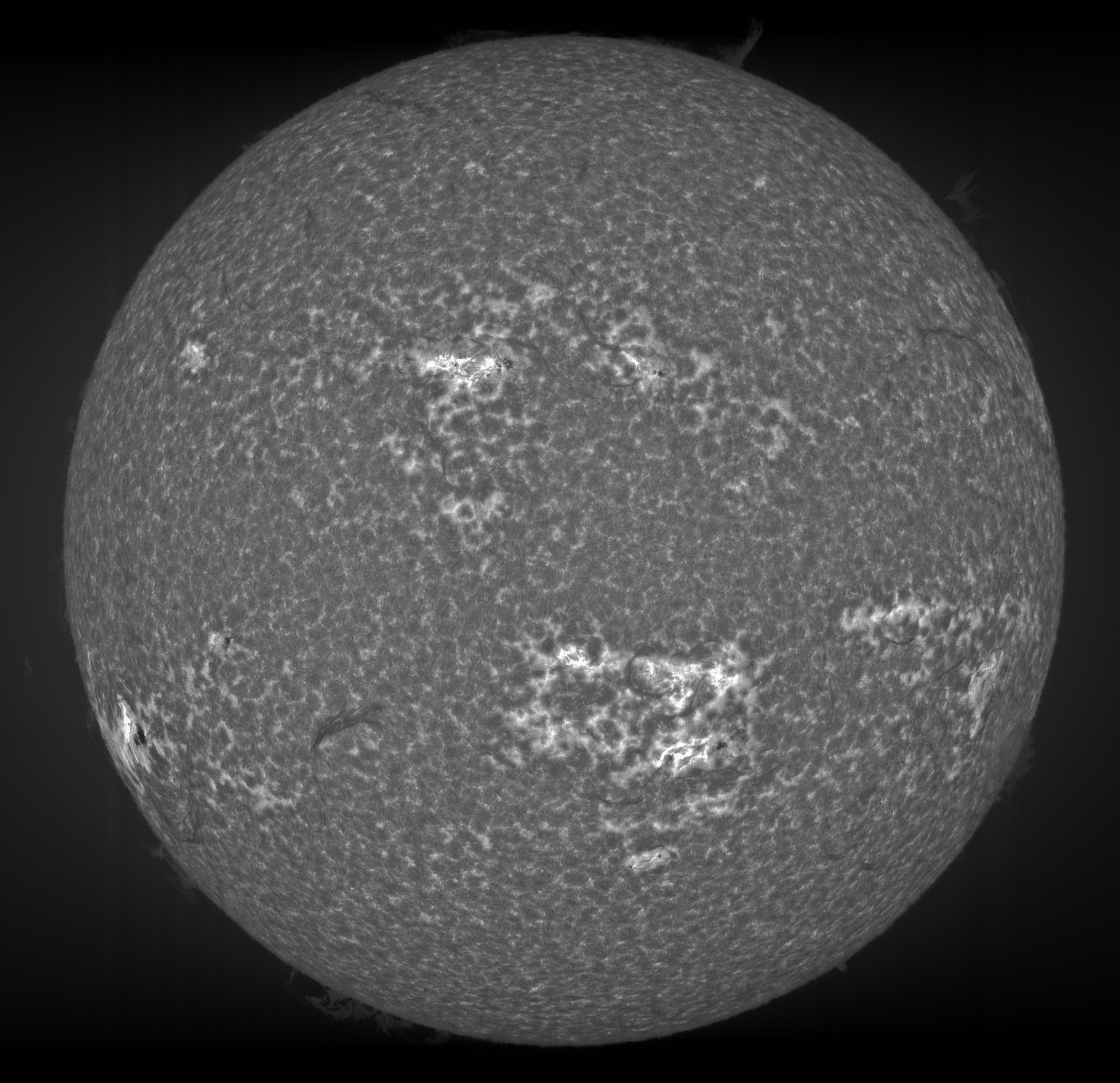 Ca-H SHG. 72mm aperture, f/10. 3.0ms exposure, gain 17%. 318 fps. ROI 3304x120. Stack of 9 frames (from 20 scans). 0846-0852 UTC.